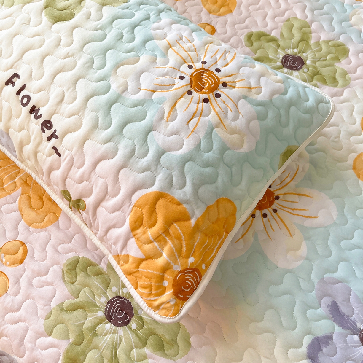 91家纺网 家纺一手货源 找家纺 笠裙 2025新款爆款A类水洗棉印花床盖四件套 床盖-浅花