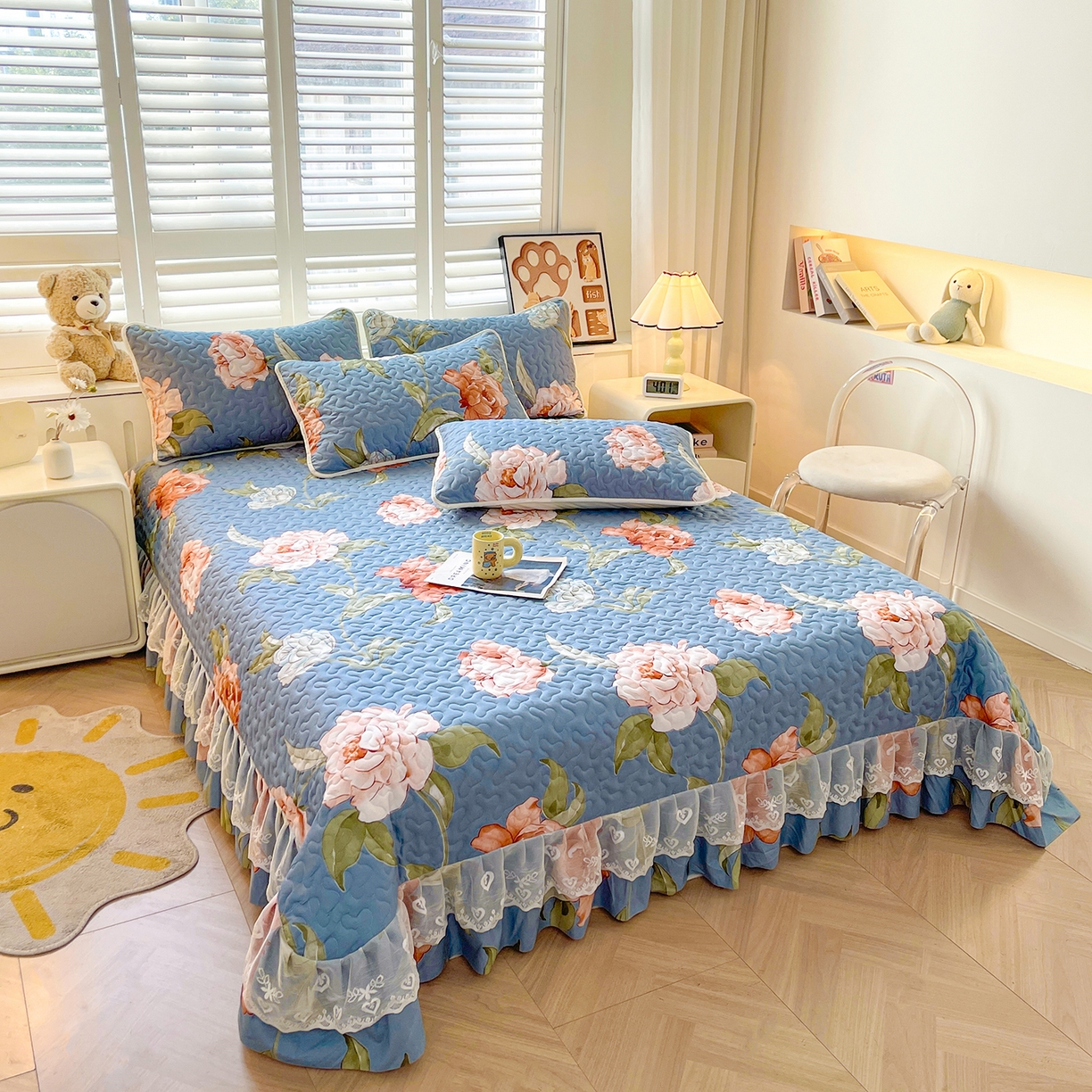 91家纺网 家纺一手货源 找家纺 笠裙 2025新款爆款A类水洗棉印花床盖四件套 床盖-婉华