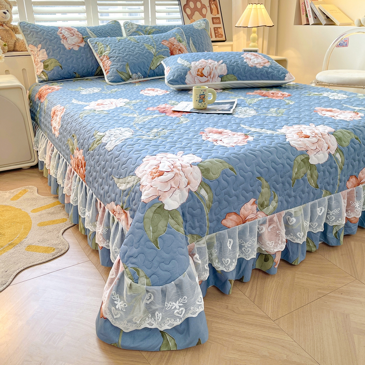 91家纺网 家纺一手货源 找家纺 笠裙 2025新款爆款A类水洗棉印花床盖四件套 床盖-婉华