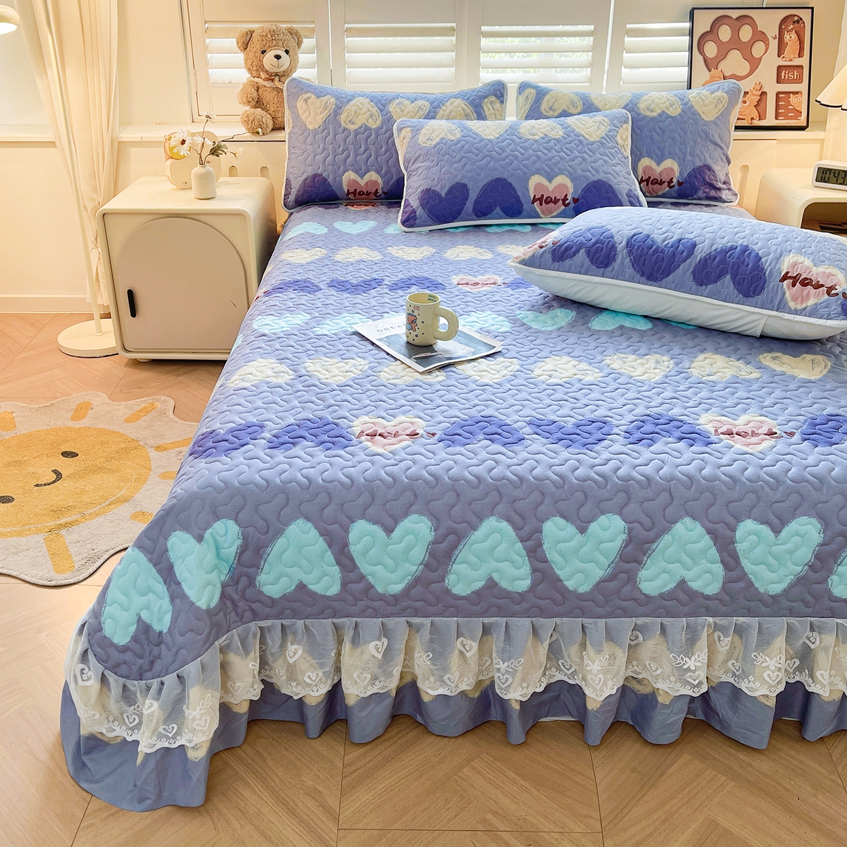 91家纺网 家纺一手货源 找家纺 笠裙 2025新款爆款A类水洗棉印花床盖四件套 床盖-心定律