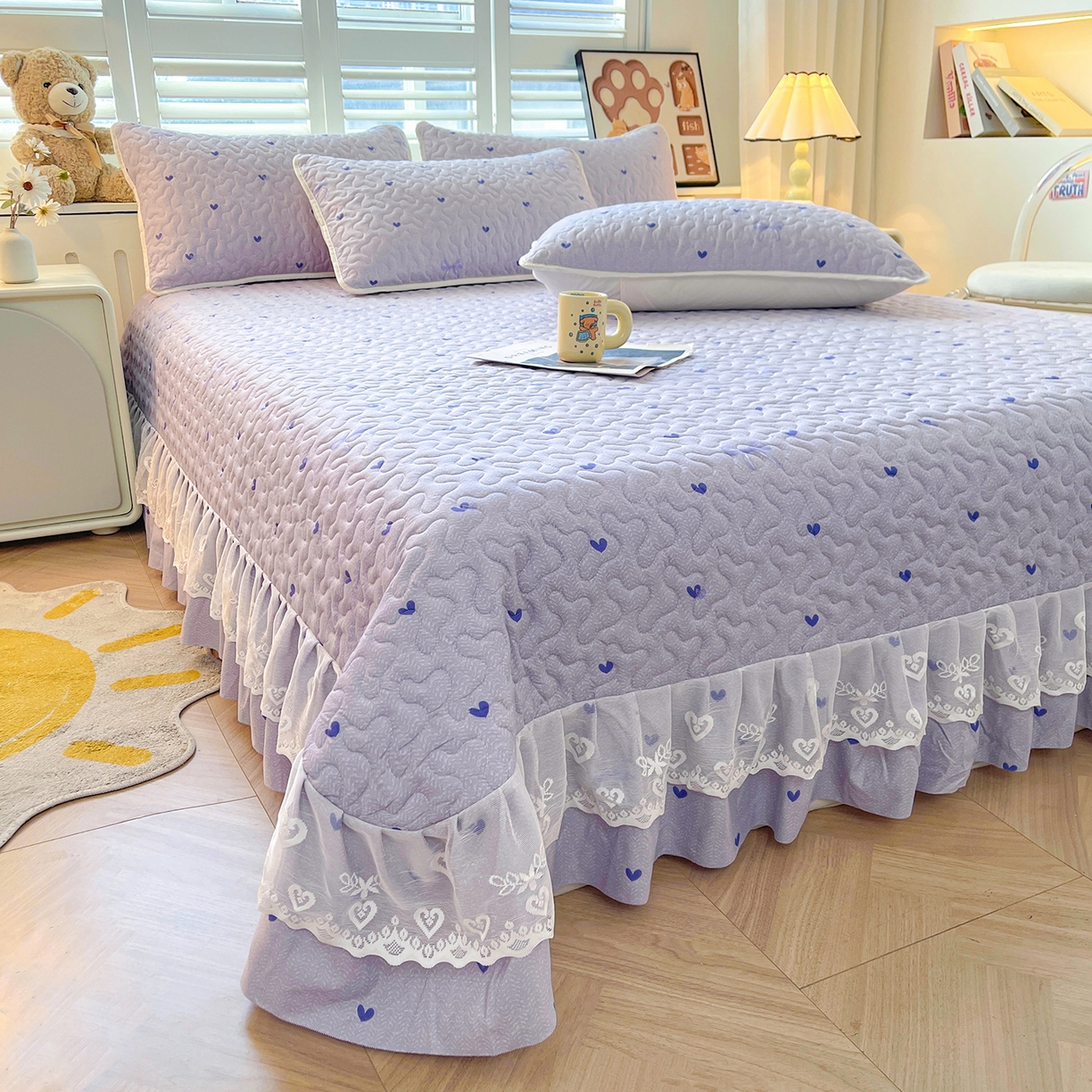 91家纺网 家纺一手货源 找家纺 笠裙 2025新款爆款A类水洗棉印花床盖四件套 床盖-心律