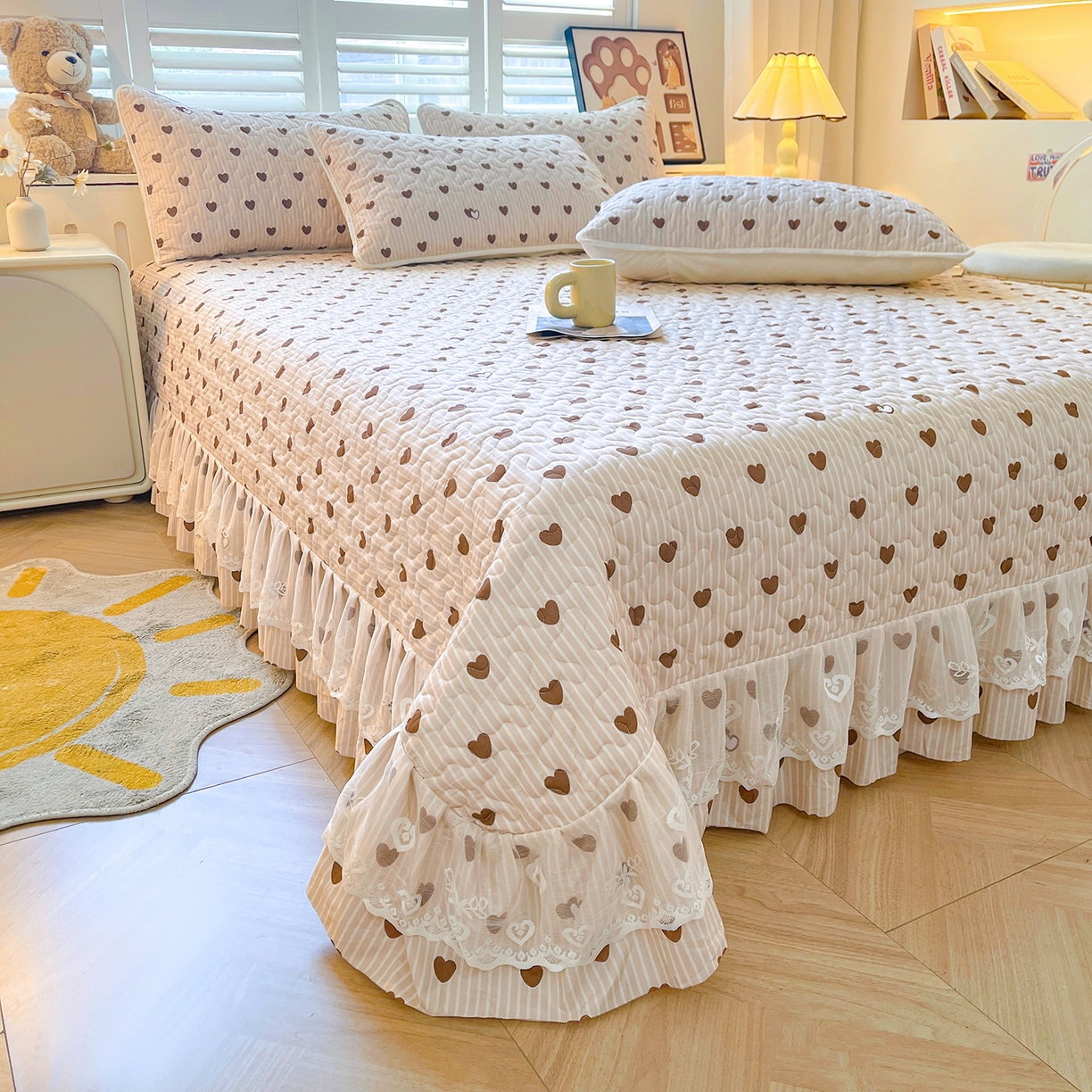 91家纺网 家纺一手货源 找家纺 笠裙 2025新款爆款A类水洗棉印花床盖四件套 床盖-心意