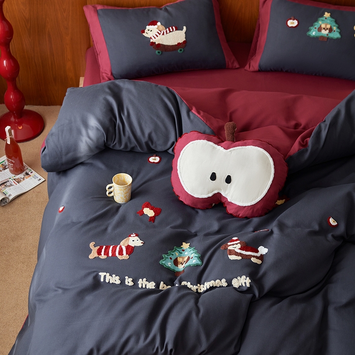 91家纺网 家纺一手货源 找家纺 风向标家纺 2025新款透气软织提花磨毛卡通毛巾绣四件套-风格一 苹果狗-蓝