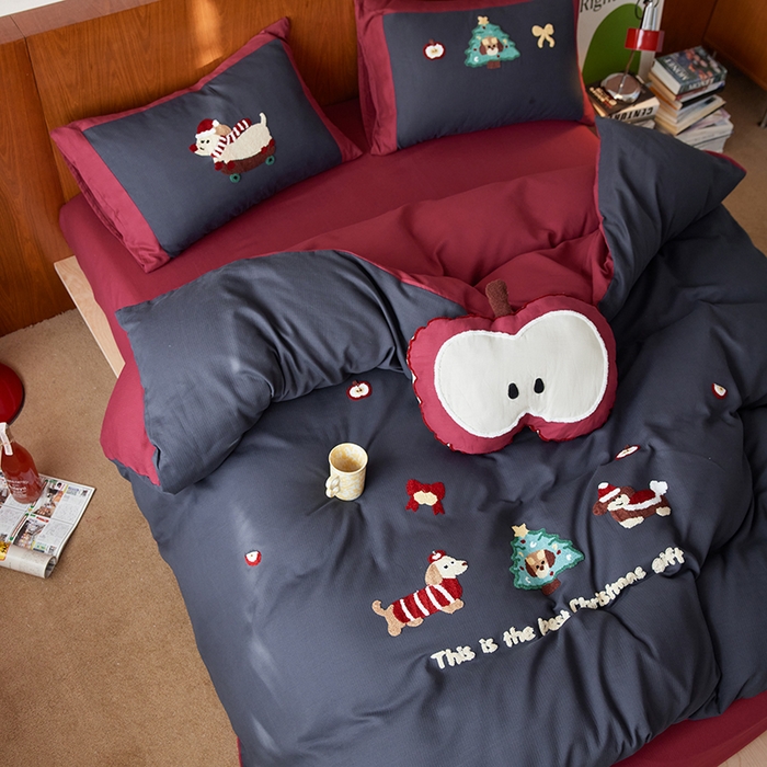 91家纺网 家纺一手货源 找家纺 风向标家纺 2025新款透气软织提花磨毛卡通毛巾绣四件套-风格一 苹果狗-蓝