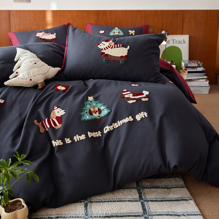 91家纺网 家纺一手货源 找家纺 风向标家纺 2025新款透气软织提花磨毛卡通毛巾绣四件套-风格一 苹果狗-蓝