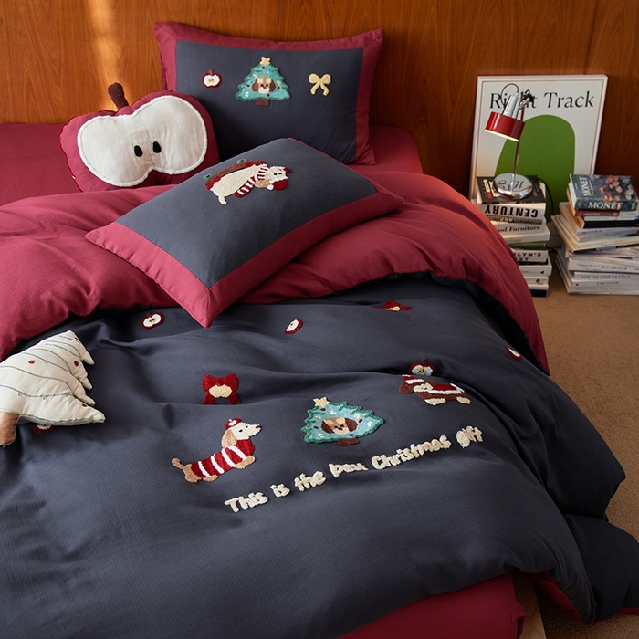 91家纺网 家纺一手货源 找家纺 风向标家纺 2025新款透气软织提花磨毛卡通毛巾绣四件套-风格一 苹果狗-蓝