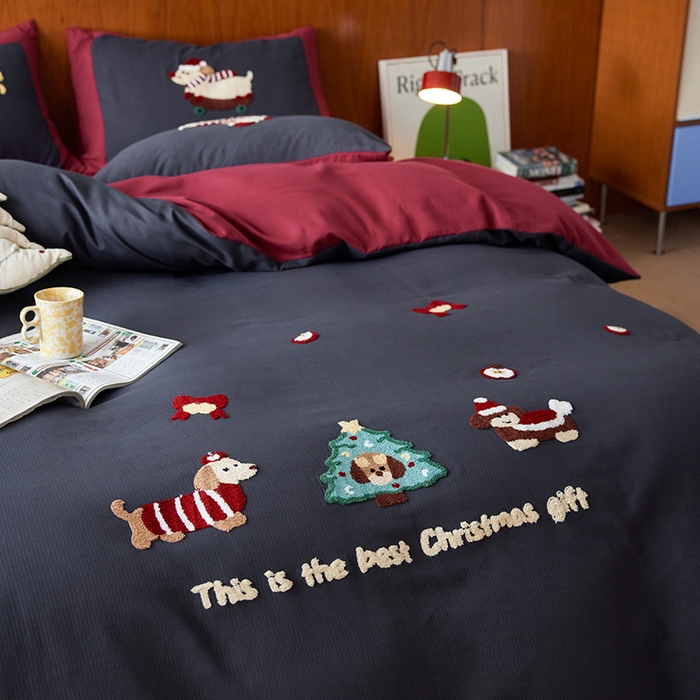 91家纺网 家纺一手货源 找家纺 风向标家纺 2025新款透气软织提花磨毛卡通毛巾绣四件套-风格一 苹果狗-蓝