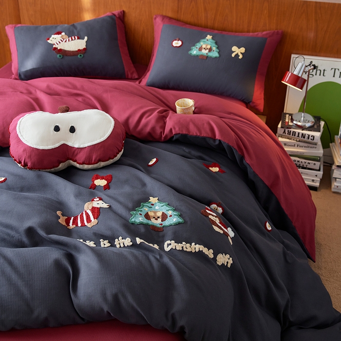 91家纺网 家纺一手货源 找家纺 风向标家纺 2025新款透气软织提花磨毛卡通毛巾绣四件套-风格一 苹果狗-蓝