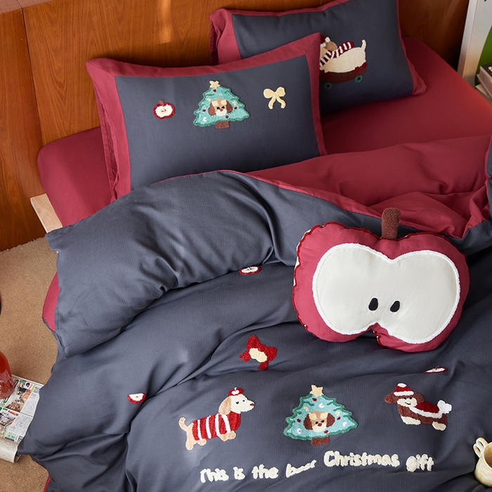 91家纺网 家纺一手货源 找家纺 风向标家纺 2025新款透气软织提花磨毛卡通毛巾绣四件套-风格一 苹果狗-蓝