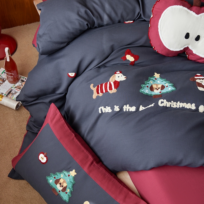 91家纺网 家纺一手货源 找家纺 风向标家纺 2025新款透气软织提花磨毛卡通毛巾绣四件套-风格一 苹果狗-蓝