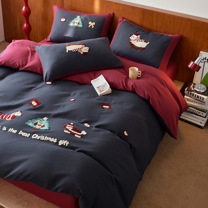 91家纺网 家纺一手货源 找家纺 风向标家纺 2025新款透气软织提花磨毛卡通毛巾绣四件套-风格一 苹果狗-蓝