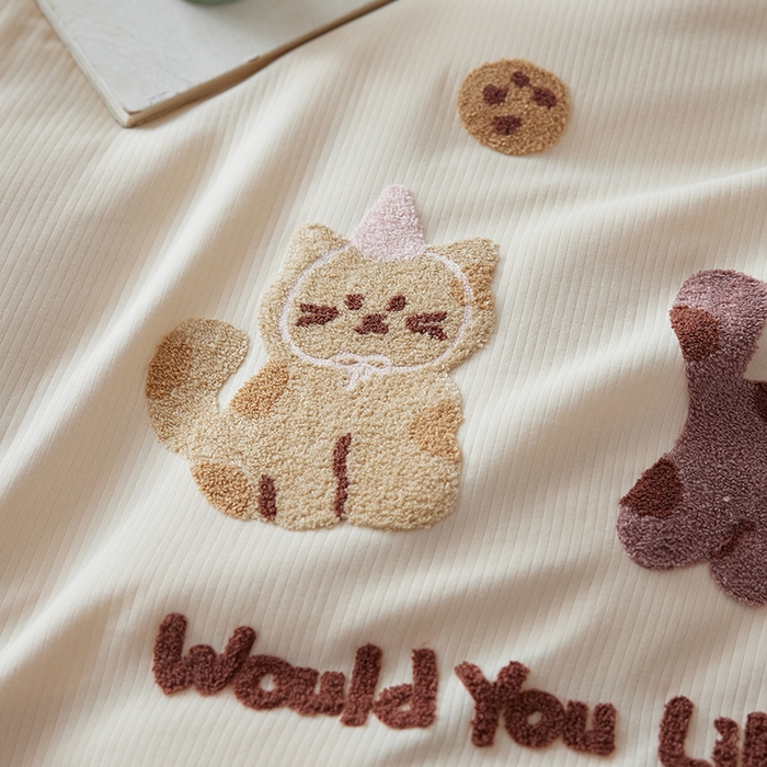 91家纺网 家纺一手货源 找家纺 风向标家纺 2025新款透气软织提花磨毛卡通毛巾绣四件套-风格一 曲奇猫