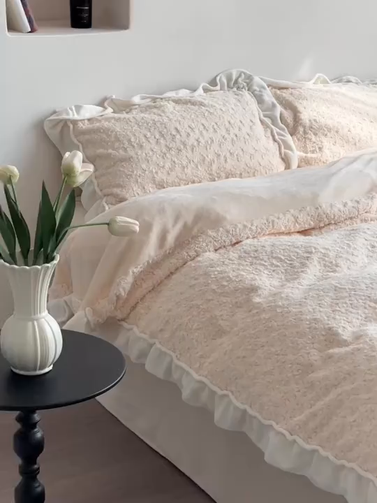 91家纺网 家纺一手货源 找家纺 尺素 2025新款复古玫瑰兔毛牛奶绒花边款四件套 玫瑰花边 香槟