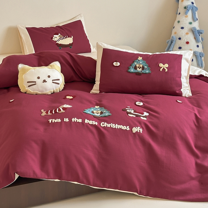 91家纺网 家纺一手货源 找家纺 风向标家纺 2025新款透气软织提花磨毛卡通毛巾绣四件套-风格二 苹果狗-红