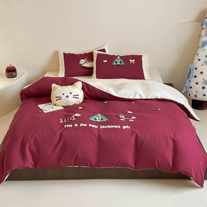 91家纺网 家纺一手货源 找家纺 风向标家纺 2025新款透气软织提花磨毛卡通毛巾绣四件套-风格二 苹果狗-红