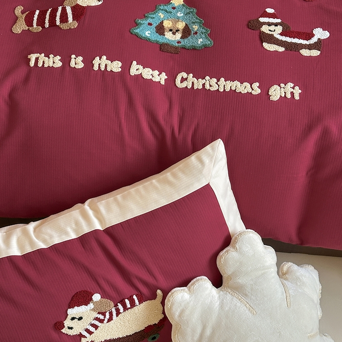 91家纺网 家纺一手货源 找家纺 风向标家纺 2025新款透气软织提花磨毛卡通毛巾绣四件套-风格二 苹果狗-红