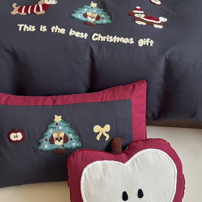 91家纺网 家纺一手货源 找家纺 风向标家纺 2025新款透气软织提花磨毛卡通毛巾绣四件套-风格二 苹果狗-蓝