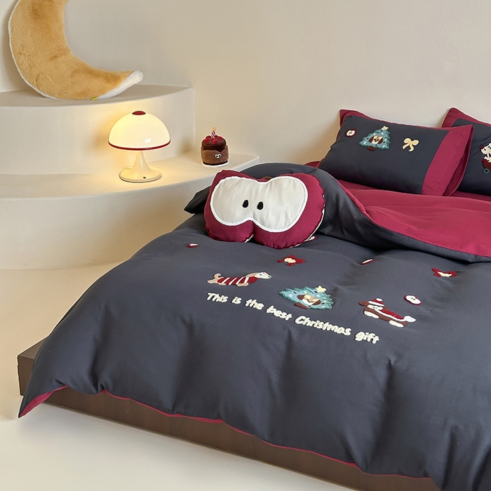 91家纺网 家纺一手货源 找家纺 风向标家纺 2025新款透气软织提花磨毛卡通毛巾绣四件套-风格二 苹果狗-蓝