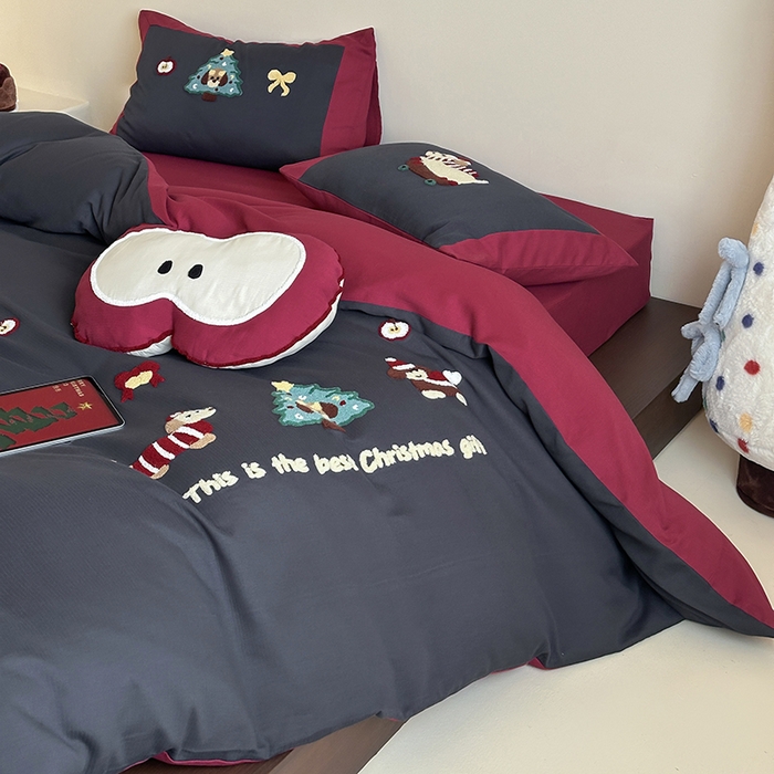 91家纺网 家纺一手货源 找家纺 风向标家纺 2025新款透气软织提花磨毛卡通毛巾绣四件套-风格二 苹果狗-蓝