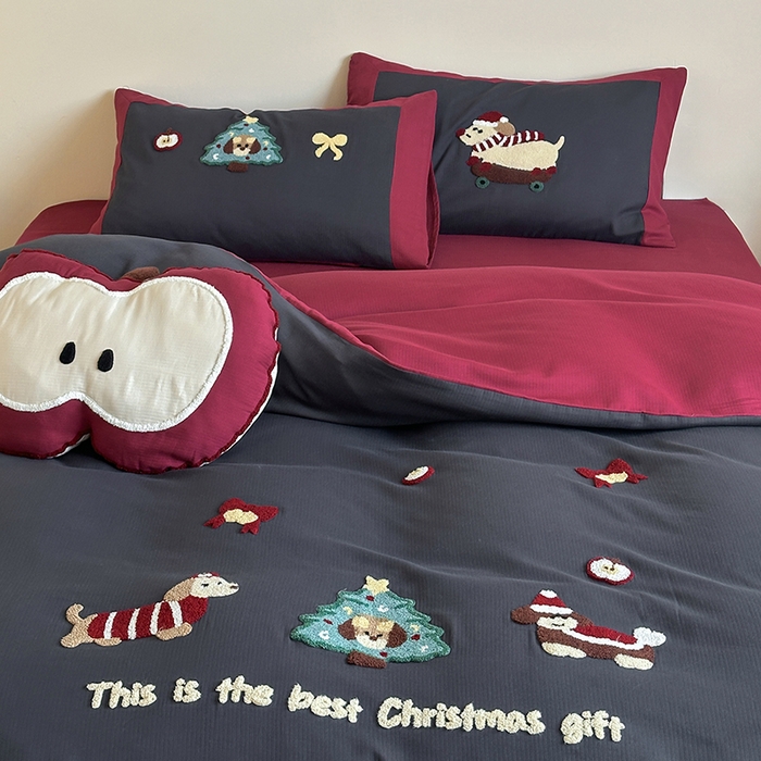 91家纺网 家纺一手货源 找家纺 风向标家纺 2025新款透气软织提花磨毛卡通毛巾绣四件套-风格二 苹果狗-蓝