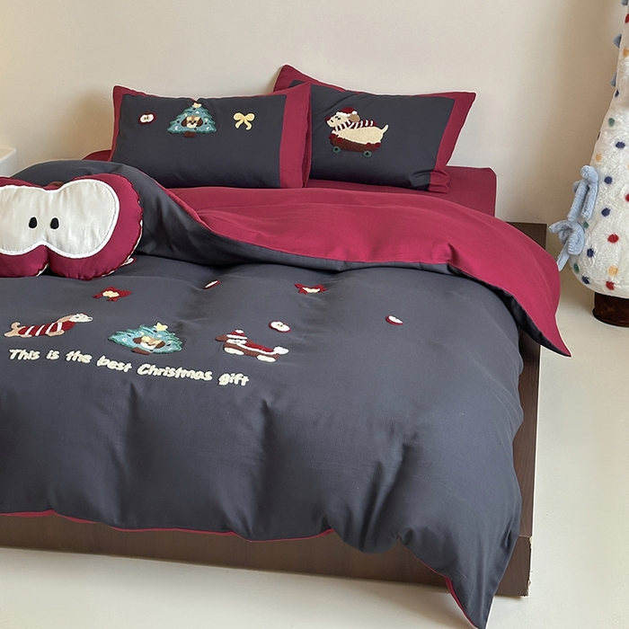 91家纺网 家纺一手货源 找家纺 风向标家纺 2025新款透气软织提花磨毛卡通毛巾绣四件套-风格二 苹果狗-蓝