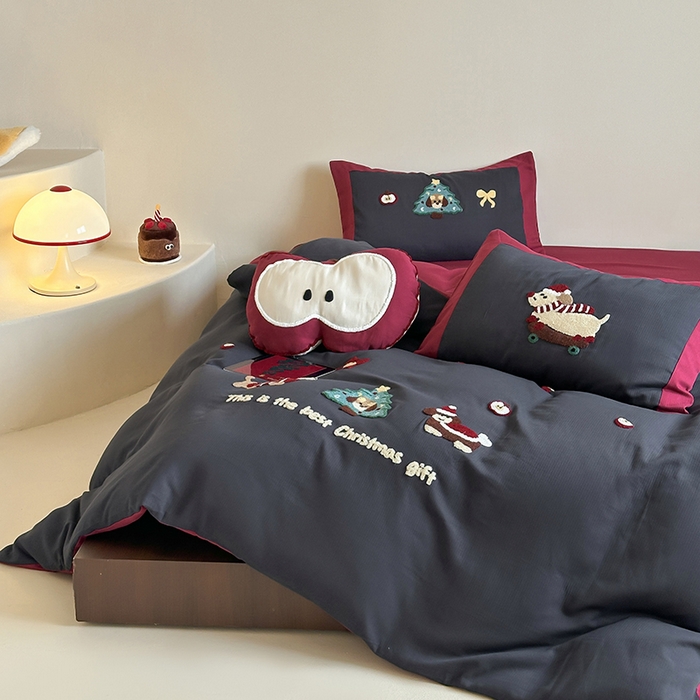 91家纺网 家纺一手货源 找家纺 风向标家纺 2025新款透气软织提花磨毛卡通毛巾绣四件套-风格二 苹果狗-蓝