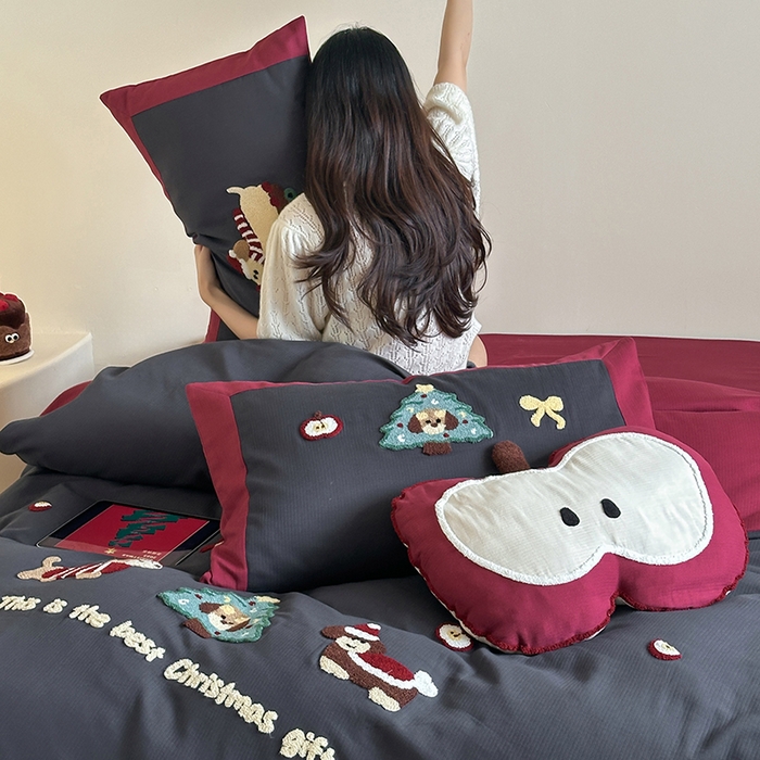 91家纺网 家纺一手货源 找家纺 风向标家纺 2025新款透气软织提花磨毛卡通毛巾绣四件套-风格二 苹果狗-蓝