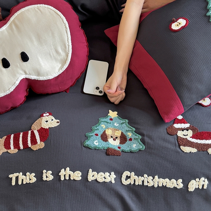 91家纺网 家纺一手货源 找家纺 风向标家纺 2025新款透气软织提花磨毛卡通毛巾绣四件套-风格二 苹果狗-蓝