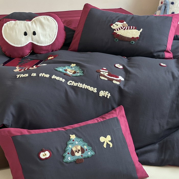 91家纺网 家纺一手货源 找家纺 风向标家纺 2025新款透气软织提花磨毛卡通毛巾绣四件套-风格二 苹果狗-蓝