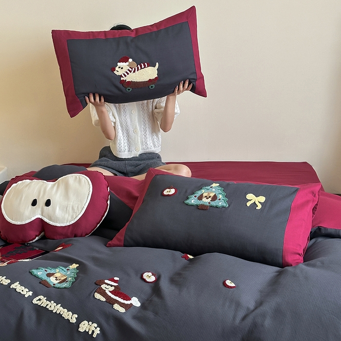 91家纺网 家纺一手货源 找家纺 风向标家纺 2025新款透气软织提花磨毛卡通毛巾绣四件套-风格二 苹果狗-蓝