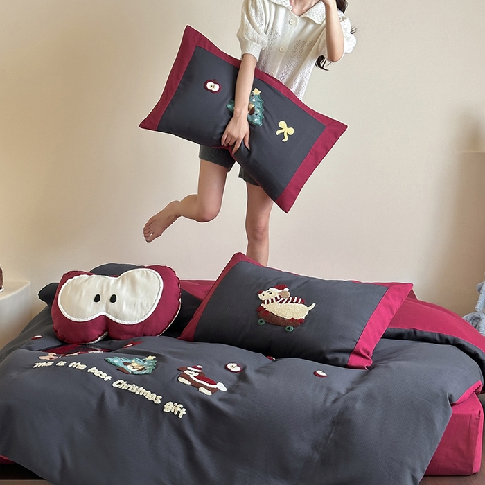 91家纺网 家纺一手货源 找家纺 风向标家纺 2025新款透气软织提花磨毛卡通毛巾绣四件套-风格二 苹果狗-蓝