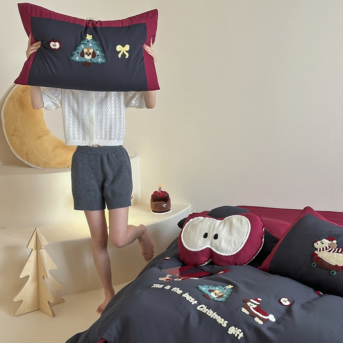 91家纺网 家纺一手货源 找家纺 风向标家纺 2025新款透气软织提花磨毛卡通毛巾绣四件套-风格二 苹果狗-蓝