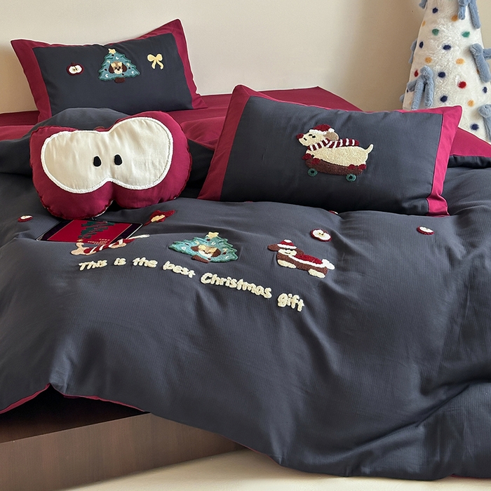 91家纺网 家纺一手货源 找家纺 风向标家纺 2025新款透气软织提花磨毛卡通毛巾绣四件套-风格二 苹果狗-蓝