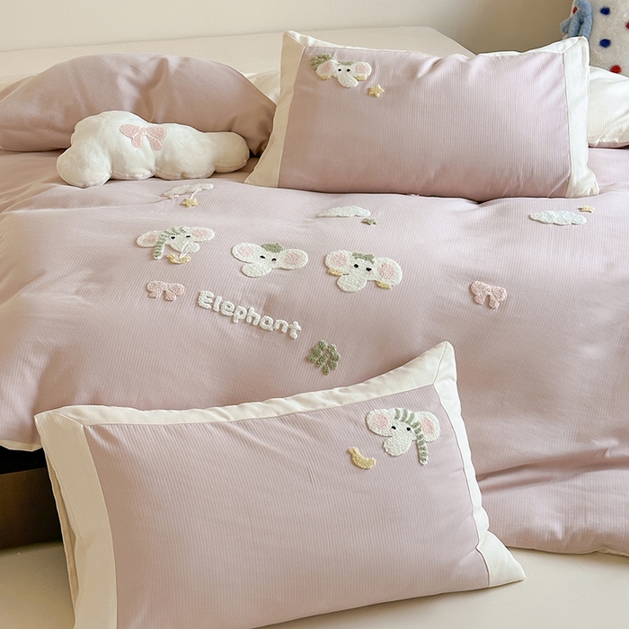 91家纺网 家纺一手货源 找家纺 风向标家纺 2025新款透气软织提花磨毛卡通毛巾绣四件套-风格二 云朵小象