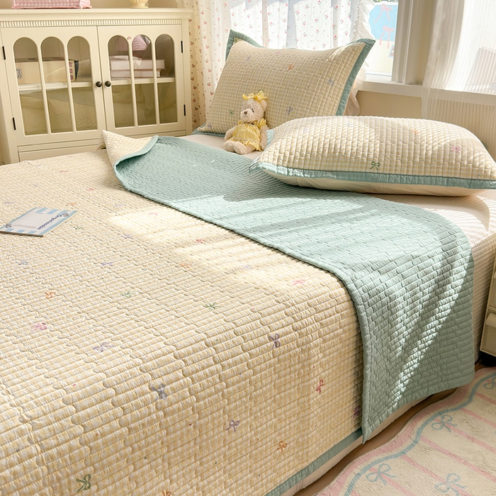 91家纺网 家纺一手货源 找家纺 美优兰 2025新款双面全棉水洗床盖 黄色小格