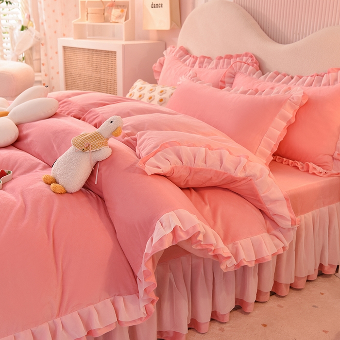 91家纺网 家纺一手货源 找家纺 （总）后庭寝室 2025新款韩式花边牛奶绒四件套-香香公主系列