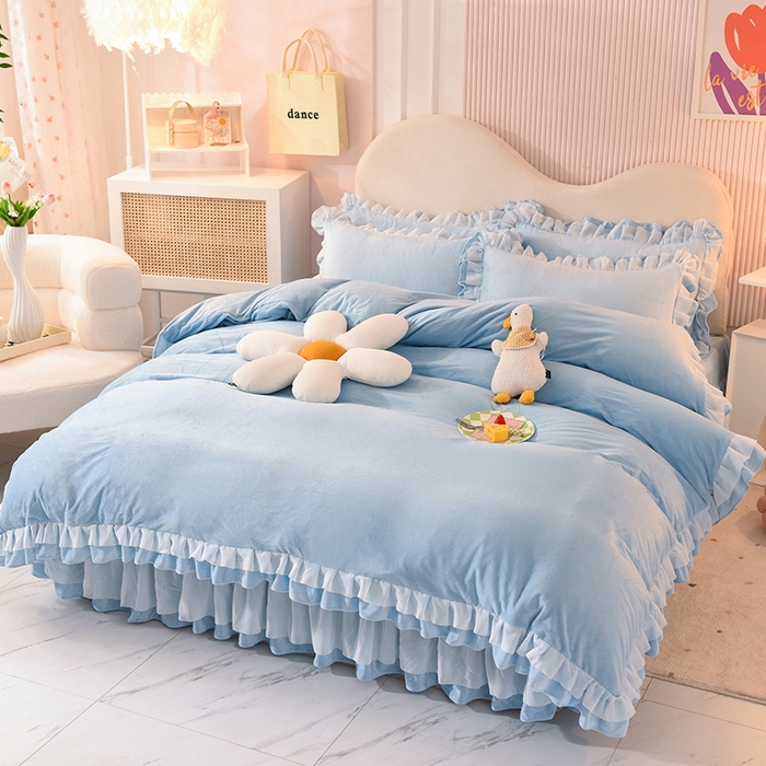 91家纺网 家纺一手货源 找家纺 后庭寝室 2025新款韩式花边牛奶绒四件套-香香公主系列 香香公主-浅蓝