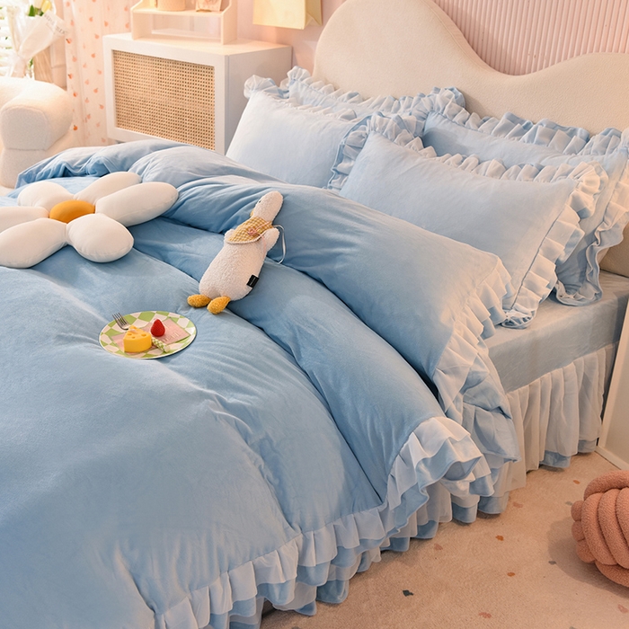 91家纺网 家纺一手货源 找家纺 后庭寝室 2025新款韩式花边牛奶绒四件套-香香公主系列 香香公主-浅蓝