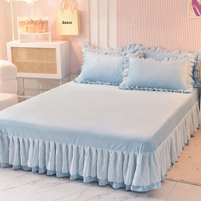 91家纺网 家纺一手货源 找家纺 后庭寝室 2025新款韩式花边牛奶绒四件套-香香公主系列 香香公主-浅蓝