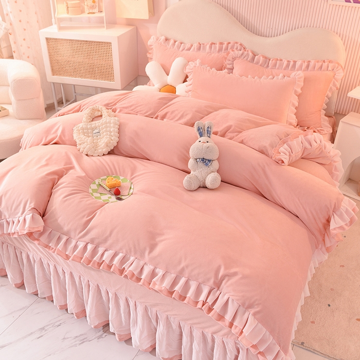 91家纺网 家纺一手货源 找家纺 后庭寝室 2025新款韩式花边牛奶绒四件套-香香公主系列 香香公主-玉色