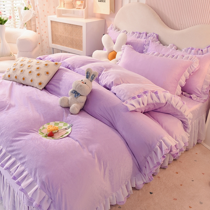 91家纺网 家纺一手货源 找家纺 后庭寝室 2025新款韩式花边牛奶绒四件套-香香公主系列 香香公主-浅紫