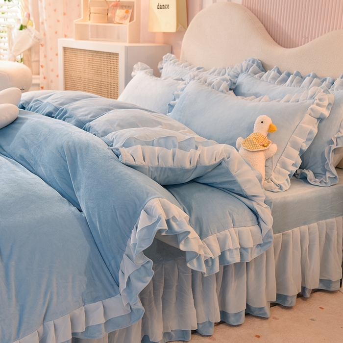 后庭寝室 2025新款韩式花边牛奶绒四件套-香香公主系列 香香公主-浅蓝