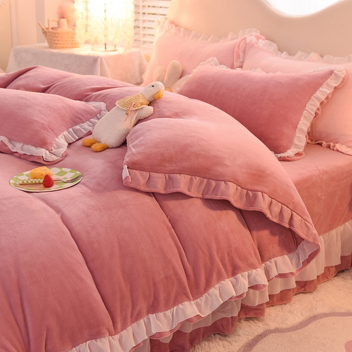 91家纺网 家纺一手货源 找家纺 后庭寝室 2025新款韩式花边牛奶绒四件套-香香公主系列 香香公主-豆沙