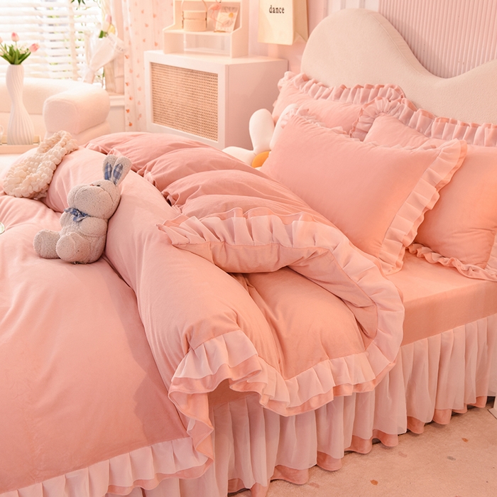 91家纺网 家纺一手货源 找家纺 后庭寝室 2025新款韩式花边牛奶绒四件套-香香公主系列 香香公主-玉色