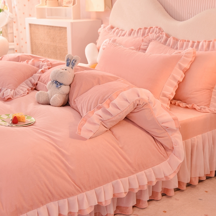 91家纺网 家纺一手货源 找家纺 后庭寝室 2025新款韩式花边牛奶绒四件套-香香公主系列 香香公主-玉色