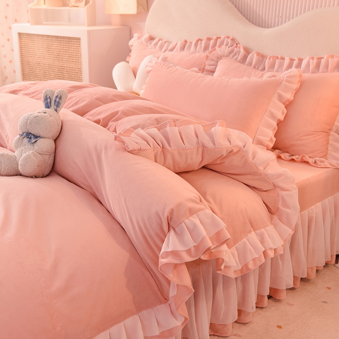 91家纺网 家纺一手货源 找家纺 后庭寝室 2025新款韩式花边牛奶绒四件套-香香公主系列 香香公主-玉色