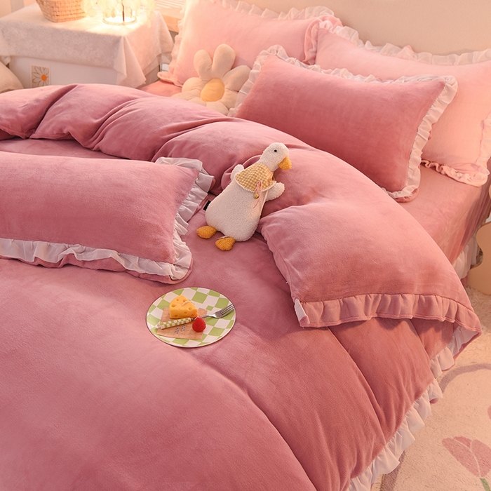 91家纺网 家纺一手货源 找家纺 后庭寝室 2025新款韩式花边牛奶绒四件套-香香公主系列 香香公主-豆沙