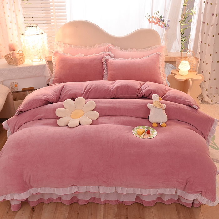 91家纺网 家纺一手货源 找家纺 后庭寝室 2025新款韩式花边牛奶绒四件套-香香公主系列 香香公主-豆沙