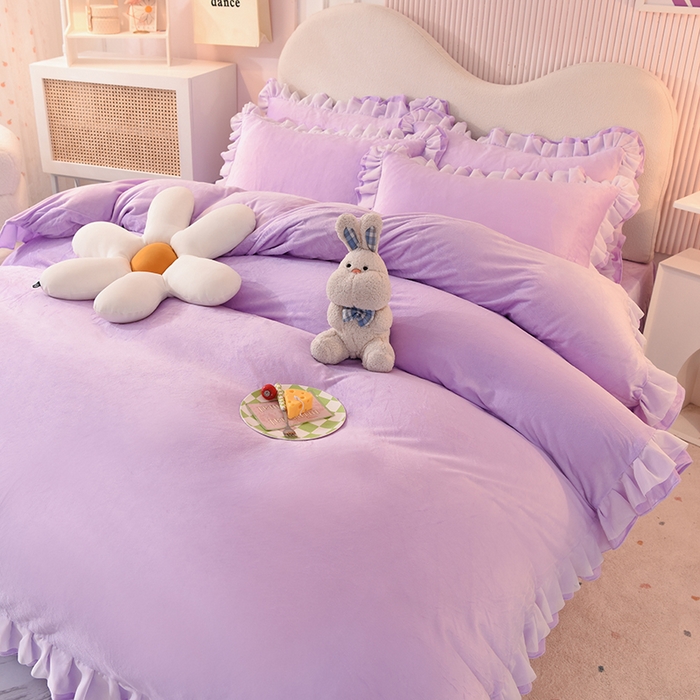 91家纺网 家纺一手货源 找家纺 后庭寝室 2025新款韩式花边牛奶绒四件套-香香公主系列 香香公主-浅紫