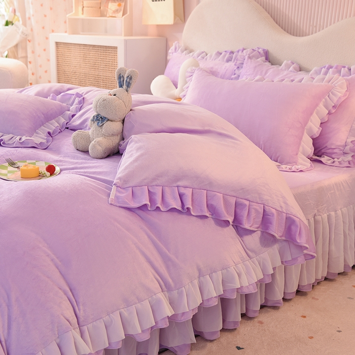 91家纺网 家纺一手货源 找家纺 后庭寝室 2025新款韩式花边牛奶绒四件套-香香公主系列 香香公主-浅紫